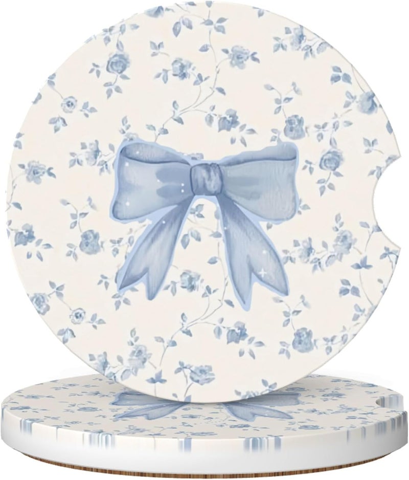 CTVSLFU Absorbent Car Coasters for Cup Holders, 2 Pack Universal Anti Slip Ceramic Cup Coaster for Women Men 2.56 Inch Car Interior Accessories - Blue Bow Tie Flower - Image 1